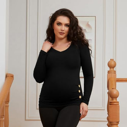 GINKANA Maternity Shirt Long Sleeve Basic Top Ruch Sides Buttons Tshirt for Pregnant - color: Black, size: Large