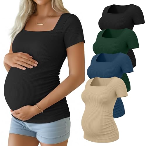 Huukeay 4 Pack Women's Short Sleeve Maternity Shirts - color: Black, Dark Green, Denim Blue, Apricot, size: Small