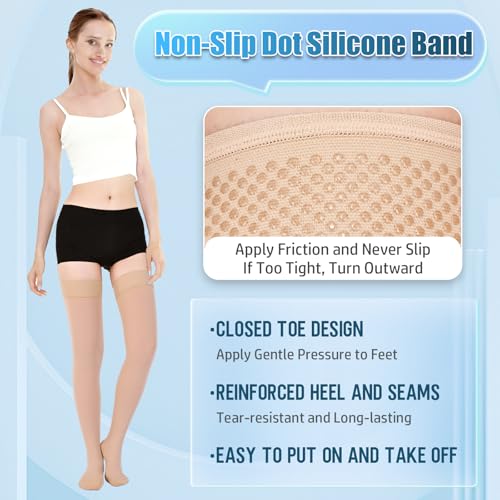 Athbavib 20-30 mmHg Thigh High Compression Stockings for Women Men - color: Closed Toe-Beige, size: Small