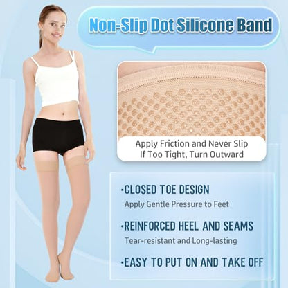 Athbavib 20-30 mmHg Thigh High Compression Stockings for Women Men - color: Closed Toe-Beige, size: Small
