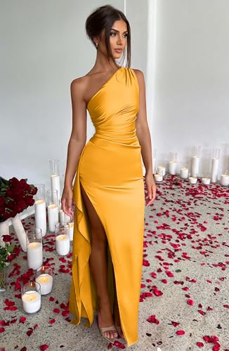 Memoriesea Women's High Split Wedding Guest Party Maxi Dress - color: Gold, size: Large