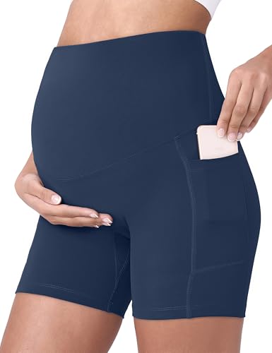 POSHDIVAH Maternity Biker Shorts Over the Belly with Pockets 5"/8" - color: Navy Blue, size: X-Large