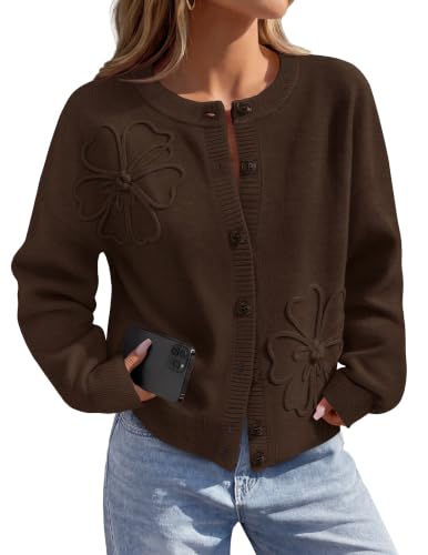 MEROKEETY Women's Fall Floral Button Up Lightweight Cardigan Sweater Trendy - color: Coffee, size: Small
