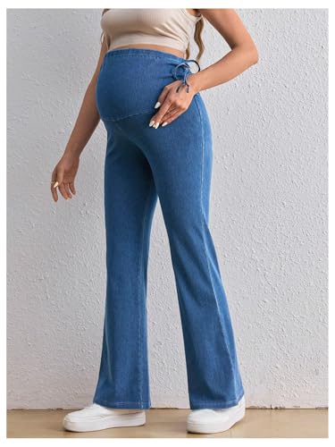 MakeMeChic Women's Maternity Jeans Elastic High Waisted Flared Leg Pregnancy Denim Pants - color: Blue, size: Small