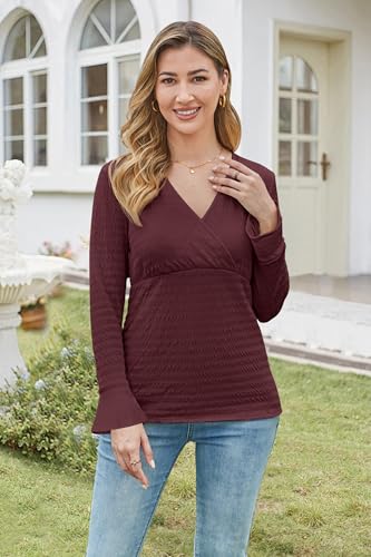 OUGES Women's Maternity Shirts Long Bell Sleeve Casual V Neck Tops Fall Fashion Textured Pregnancy Blouse - color: Wine Red, size: X-Large