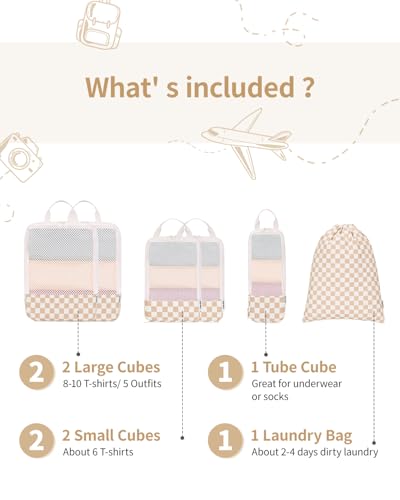 Narwey Compression Packing Cubes for Travel, Cute Luggage Organizer Bags - color: Z-Light Checkerboard