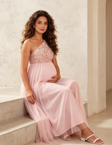 Maternity One Shoulder Sequin Short Sleeve Tulle Maxi Gown - color: Pink, size: Large