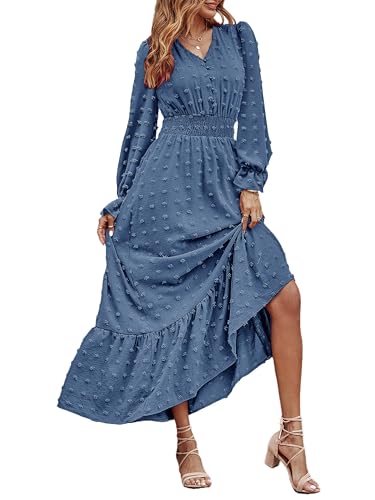 CzzzyL Women Nursing Boho Maxi Dress Swiss Dot Smocked with Pockets - color: Blue, size: Medium