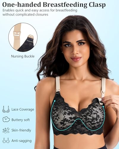 Lace Nursing Bras for Breastfeeding, Wireless Maternity Bra - color: Beige/Black, size: Large