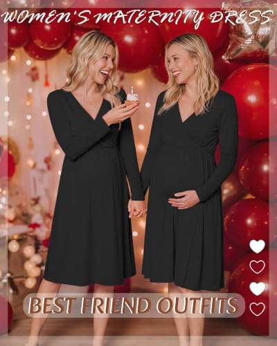 Locoowai Maternity Wrap Long Sleeve Dress V Neck Fall Dress - color: Black, size: Medium