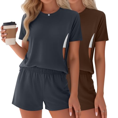 Riyiper 2 Packs Women's Nursing Pajamas Set - color: Dark Blue, Brown, size: X-Large
