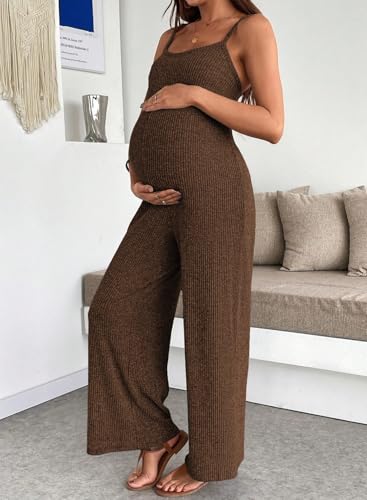 BLENCOT Maternity Ribbed Jumpsuit Stretchy One Piece Wide Leg Romper - color: Brown, size: Small