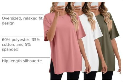 Huukeay 3 Pack Women's Oversized T Shirts Workout Tops - color: Army Green, White, Bean Paste Pink, size: Large