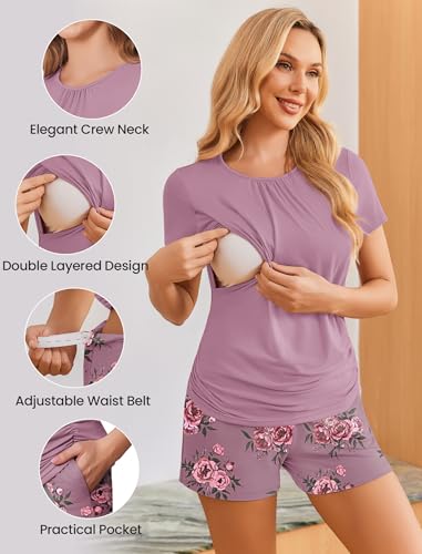 Ekouaer Maternity Nursing Pajamas Set 3 Piece Postpartum Breastfeeding Pjs - color: Floral Lilac, size: Large