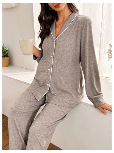 MakeMeChic Women's Maternity 2 Piece Pajama Set Button Down Long Sleeve Tops and Pants Sleepwear - size: Small