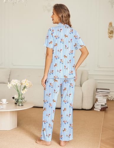 Ekouaer Womens Pajama Sets Button Down Lounge Sets 2 Piece Short Sleeve Pjs - color: Blue Stripe, size: Small