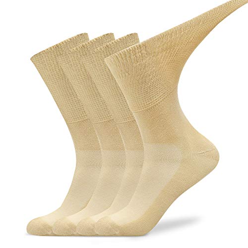 Busy Socks 4 Pack Crew Thin Non Binding Top Diabetic Socks for Men Women - color: 4 Pairs Beige, size: Medium