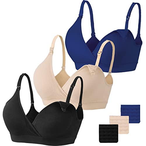 Vinfact 3 Pack Nursing Bras for Breastfeeding Women Maternity Bras - color: Black,nude,blue, size: Medium