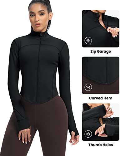 AVGO Women's Cropped Running Workout Jackets Zip Slim Fit Athletic Tops with Thumb Holes - color: Black, size: X-Small