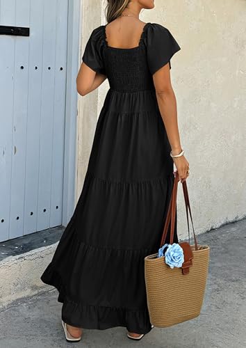 ECOWISH Womens Summer Maxi Dress 2026 Flutter Short Sleeve V Neck Tie Front Wedding Guest Vacation Tiered Flowy Dresses - color: Black, size: Medium