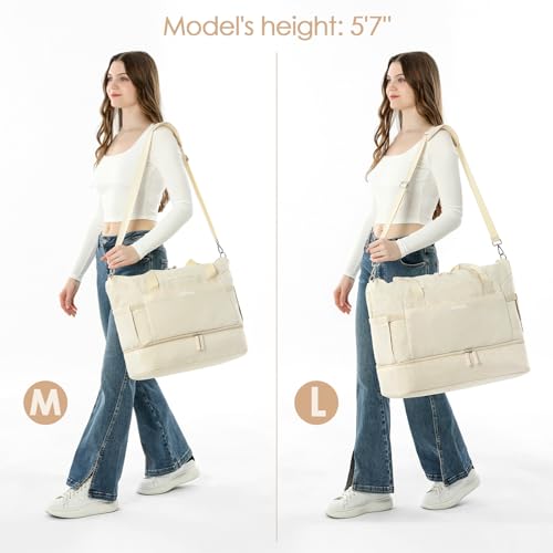 Gym Bag for Women, 45L Carry On Travel Duffel Bag with Shoes Compartment - color: Beige, size: Large