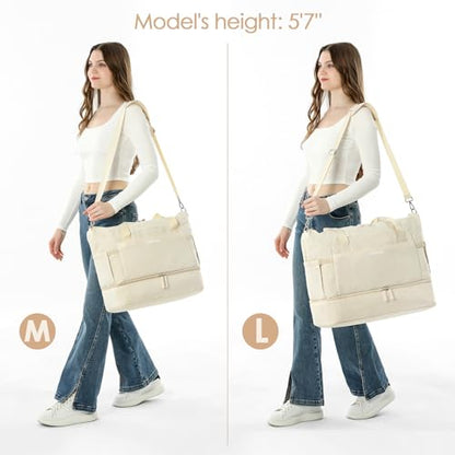 Gym Bag for Women, 45L Carry On Travel Duffel Bag with Shoes Compartment - color: Beige, size: Large