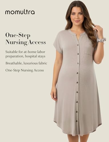 PATPAT Maternity Nursing Dress, Womens Button-Down Midi Dress with Pockets - color: Beige, size: Large