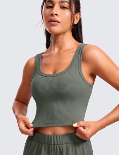 CRZ YOGA Ribbed U Neck Crop Tank Tops - color: Grey Sage, size: X-Large