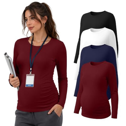 Locoowai 4 Pack Long Sleeve Maternity Underscrub Tops for Nurses - color: Black, White, Navy Blue, Wine Red, size: X-Large