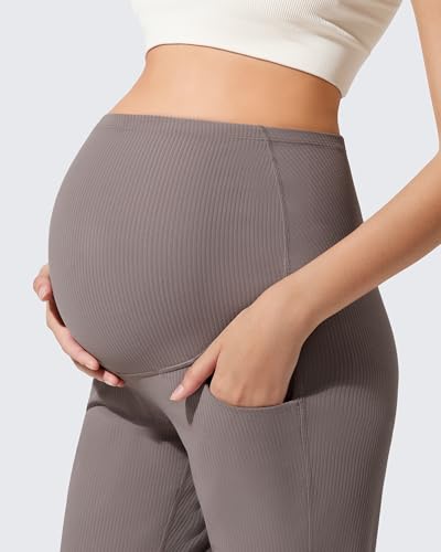 G4Free Ribbed Maternity Pants Yoga Flare Pregnancy Leggings Casual - color: Taupe, size: X-Small