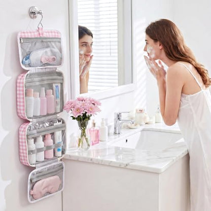 Klyyo Hanging Toiletry Bag for Women, Gingham, Pink - color: Pink