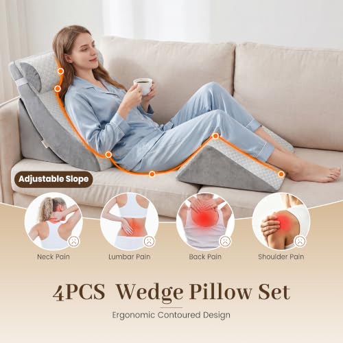 4PCS Wedge Pillow,Adjustable Support Pillow for Pain Free Recovery - color: Gray + Light Gray
