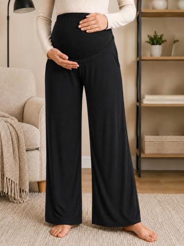 Yousify Womens Maternity Pants Casual Wide Leg Pregnancy Trousers - color: Black, size: Medium