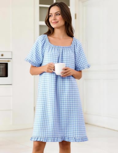 Flygo Womens Gingham Nightgown Cotton Pullover House Dress with Pockets - color: Blue, size: Large