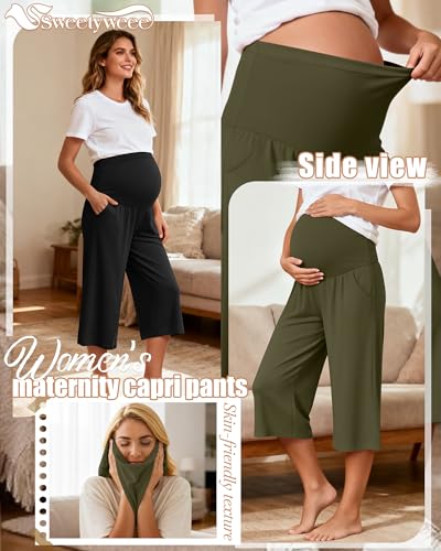 3 Pack Women's Maternity Capris - color: Black, Army Green, Coffee, size: X-Large