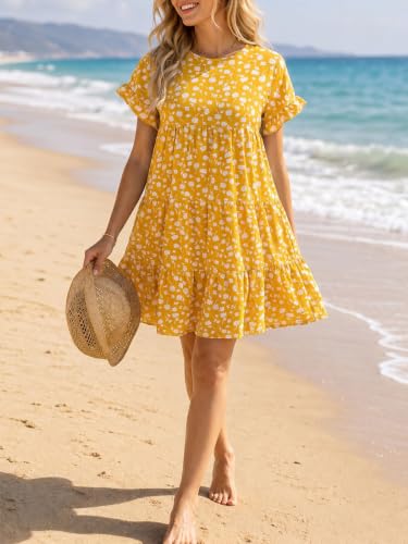 Womens Babydoll Dress Summer Boho Print Ruffles Loose Flowy Mini Dress - color: Ginger, size: Small