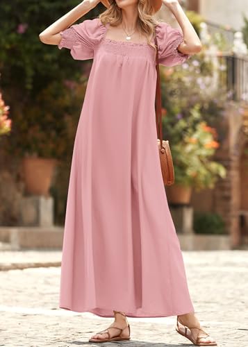 KIRUNDO Women Summer Maxi Dress Puff Sleeve Long Dresses - color: Bean Paste Pink, size: Medium
