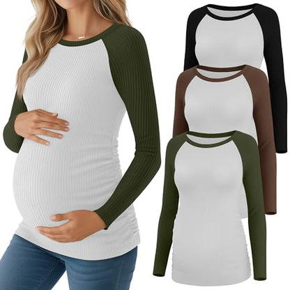 Neer 3 Pack Maternity Long Sleeve Shirts Ribbed Pregnancy Tops - color: Black, Coffee, Army Green, size: Medium