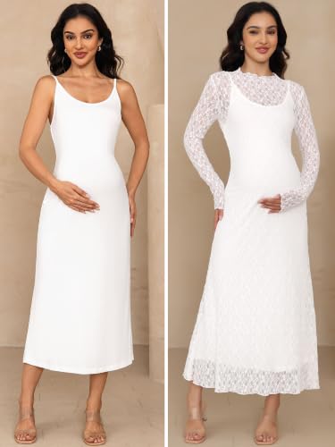 Maternity Dress Set Bodycon Lace Overlay & Inner Slip - color: White, size: XX-Large