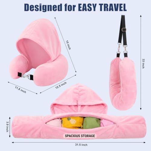 Stuffable Travel Neck Pillow with Hood, Soft Velvet Fabric,Pink - size: Type E