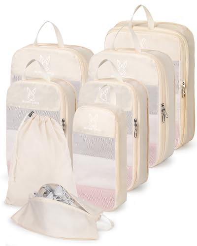 6/8 Set Space Saving Compression Packing Cubes Lightweight Packing Cube - color: Beige, size: 8 Pcs(XL,L*2,M*2,S,laundry bag,shoes bag)