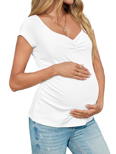 Tankaneo Womens Vneck Maternity Tops Cap Sleeve Fit Ribbed Pregnancy Tshirt - color: White, size: Large