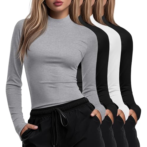 Xaatren 4 Pack Womens Long Sleeve Underscrubs Mock Neck Shirts - color: Black, White, Black, Light Heather Gray, size: Medium