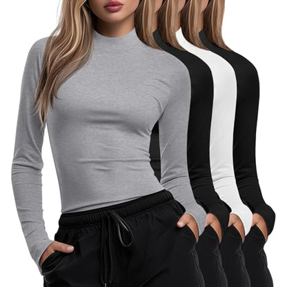 Xaatren 4 Pack Womens Long Sleeve Underscrubs Mock Neck Shirts - color: Black, White, Black, Light Heather Gray, size: Medium