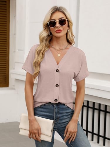 TICTICMISS Womens Summer Tops Short Sleeve Button Down V Neck T Shirts - color: Apricot, size: Large