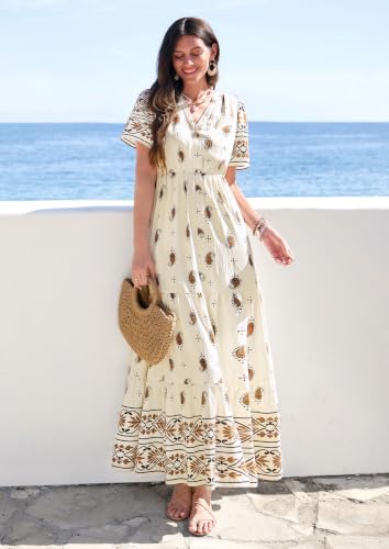 PRETTYGARDEN Womens Short Sleeve Boho Maxi Dress - color: Apricot, size: Small