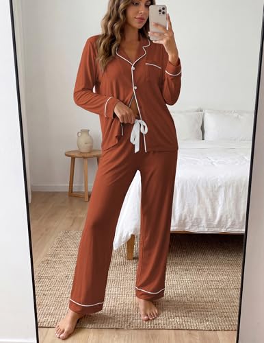 ZMJ Womens Pajama Sets 2 Piece Long Sleeve Button Down Sleepwear with Pants - color: Caramel, size: Medium