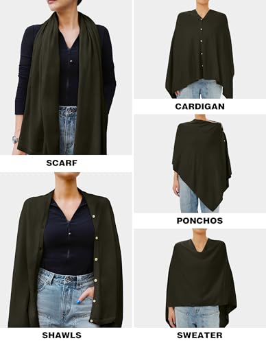 PULI Women's Versatile Knit Shawl Poncho Sweater Button Scarf - color: Dark Army Green