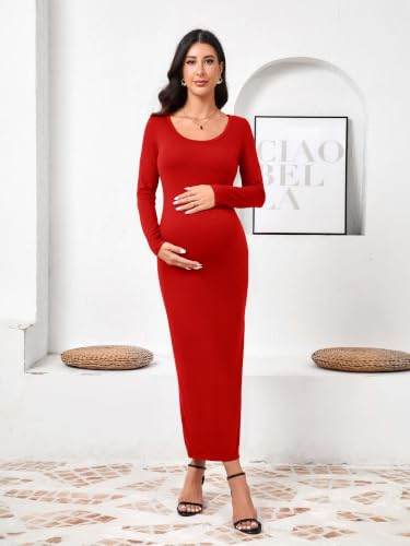 Yousify Womens Maternity Maxi Dress Long Sleeve Slim Fit Pregnancy Clothes - color: Red, size: Small
