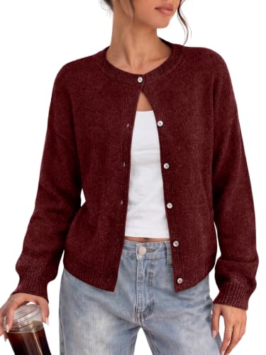 LILLUSORY Womens Crew Neck Button Down Cardigan Sweater - color: Burgundy, size: X-Large